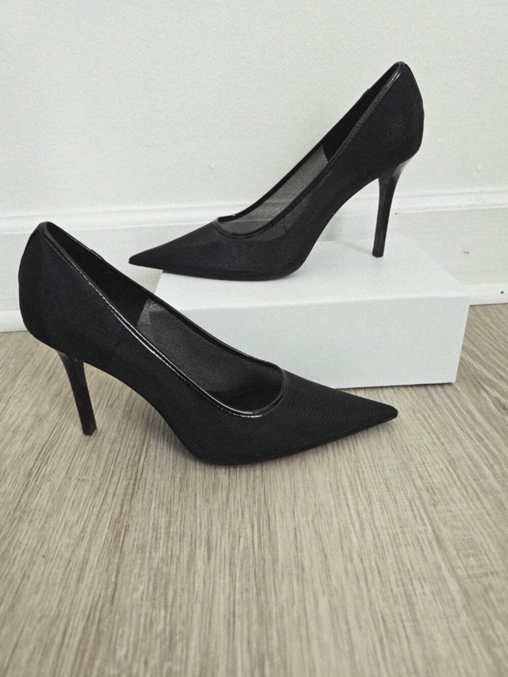 Zara Black Mesh Pointed Toe Stiletto High Heels 40 9 Pumps Slip On Sheer Fishnet